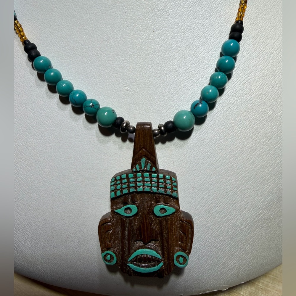 Handcrafted Turquoise Beads and Wood Mask Pendant Necklace